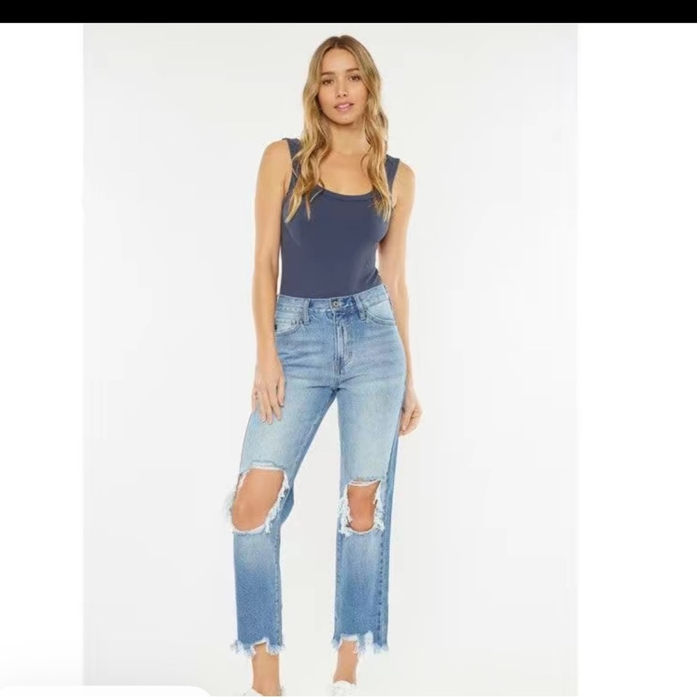 KanCan Women's Blue Distressed Straight Leg Jeans